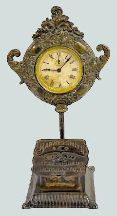 Counter Top Advertising Clock/Cigar Cutter: Counter Top Advertising Clock/Cigar Cutter: In an all metal case with a set key wind movement; a paper dial with 2nds bit, marked "Hale & Co. Jewelers", and marked "885" on the clock frame. The cigar 