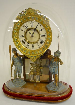 Ansonia Crystal Palace No. 1 Extra Clock: Ansonia Crystal Palace No. 1 Extra Clock: With an 8 day T&S movement; an unmarked paper dial; statues of a man with an oar and a woman with a spear; and the pendulum. The back is labeled "Davies Sole