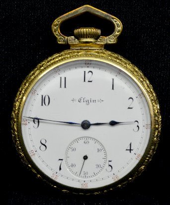 Elgin 15 J 16S OF SW 3/4 DMK GF Pocket Watch: Elgin 15 J 16S OF SW 3Fbrg 3/4 DMK GF PW: With Serial No. 10376272 and a SSD. In a yellow SF&B IWC Co. Supreme case No. 9325333. The watch is running at this time. (The SSD has an edge chip and a hair