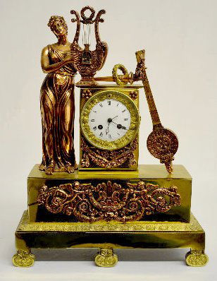 French Japy Fils Lady Statue w/ Harp Clock: French Japy Fils Lady Statue Clock: With a T&S movement signed "Japy Fils" and numbered "478"; an unmarked porcelain dial; and the pendulum. Made of brass with a copper clad lady, harp, torch, banjo a