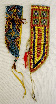 2 Native American Knife Sheaths: 2 Native American Knife Sheaths: 1.) Northern Plains Tribe Old Knife Sheath: Made with stiff rawhide liner covered with beaded buckskin on one side. With red, yellow, green, black and blue beads. The 