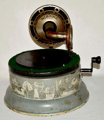Vintage Nirona Hand Crank Record Player: Vintage Nirona Hand Crank Record Player: In an all metal case stenciled with Egyptian hunters and deer. (Does not work. There is some wear to the paint and finish.) 8 3/4" Tall x 10" Diameter Sells as