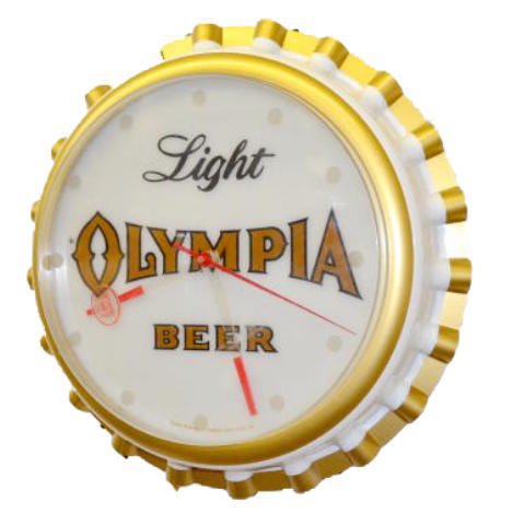 Vintage Olympia Beer Bottle Cap Clock: Vintage Olympia Beer Bottle Cap Clock: Lighted; electric with a 12" dial. 16 1/2"Diameter No condition problems. The clock is working. Sells as is, where is.