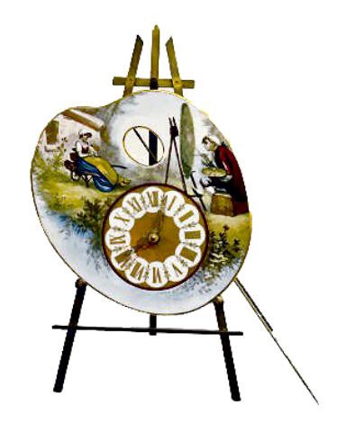 Porcelain Painter's Palette Clock on Easel: Porcelain Painter's Palette Clock on Easel: Circa 1980; John A. Mies Limited Edition #191/500; with German works; original paperwork is with the clock. Not tested. 18" Tall x 12" Wide Sells as is, whe