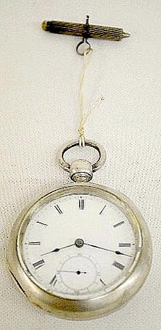 Wm. Ellery 7-17J 16S OF KW Coin Pocket Watch: Wm. Ellery 7-17J 16S OF KW Coin Pocket Watch: With a diamond end stone in a hinged, coin silver case numbered 2585. The key with it will work with several different size winding arbors. It is mechanic