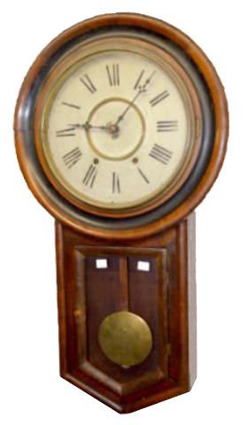 New Haven Long Drop Schoolhouse Clock: New Haven Long Drop Schoolhouse Clock: With a T & S movement and brass trim. (The dial is rough.) 32" Tall; 18" Wide; Dial - 11 1/2" Diameter Not tested. Sells as is, where is.