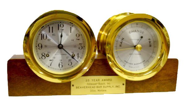 Seth Thomas Brass Desk Clock Set, "Corsair": Seth Thomas Brass Desk Clock Set, "Corsair": With a T & S movement; a 24 Hour dial and a matching Barometer. There is a presentation plaque on the front. The back has the name of the clock, the number