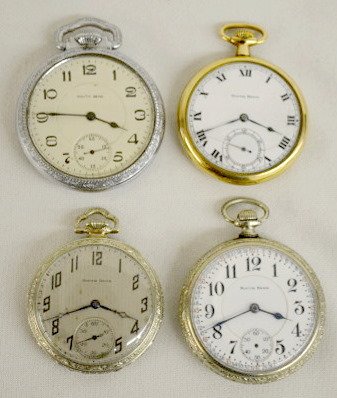 4 South Bend Pocket Watches, All Open Face: 4 South Bend Pocket Watches, All Open Face: 1.) Marked 219, 19J, 16S, OF, SW, DR, DMK, Adj. 4P, No. 966157 with a silver DSD. In a white Defiance case numbered 1194569. The watch is running at this ti