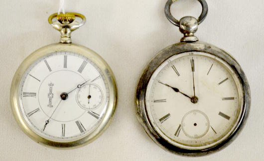 2 Illinois Pocket Watches, One is Coin Silver: 2 Illinois Pocket Watches, One is Coin Silver: 1.) 7-17J, 16S, OF, KW, Full and with Serial No. 384800. In a Fahy's coin silver case numbered E9643. (The dial has hairlines. The case is rippled or den