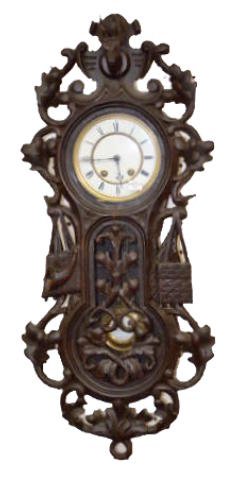 Black Forest Half Size RA Regulator Clock: Black Forest Half Size RA Regulator Clock: The carved case has a deer, horn and hunting bags; with a 2 piece porcelain dial and a T & S movement. (The dial is damaged.) 30" Tall x 13 1/2" Wide; Dial -