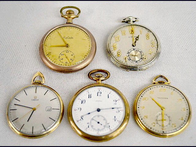 5 Pocket Watches, 2 Omega, Longines, LeCoultre +: 5 Pocket Watches, 2 Omega, Longines, LeCoultre +: 1.) Omega 15J, OF, SW, No. 2596823, 44MM wide; in a machined yellow SF&B W.W.C. Co. 20 Year case numbered 5399615. The watch is running at this time.