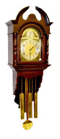 Herschede 3 Wt. Chiming Wall Regulator Clock: Herschede 3 Wt. Chiming Wall Regulator Clock: Tempus Fugit; in a dark oak cabinet with an ornate dial plate, brass trim, pendulum and 3 weights. With an 8 Day 1/4 Hour strike movement. There is a tag