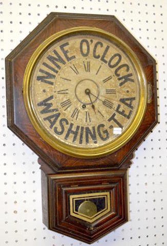 Ingraham Nine O'Clock Tea Advertising Wall Clock: Ingraham Nine O'Clock Tea Advertising Wall Clock: Short drop with a T. O. movement. (There is minor case roughness. The dial is worn.) 24" Tall x 16" Wide Not tested. Sells as is, where is.