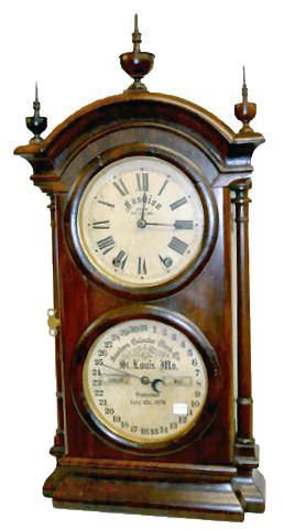 Seth Thomas / Southern Calendar Clock: Seth Thomas /Southern Calendar Clock: Fashion Double Dial No. 2 with 8 day movement. 7" dials; 31 3/4" walnut veneer case (There is minor roughness to veneer. Dials look like replacements.) Not tested