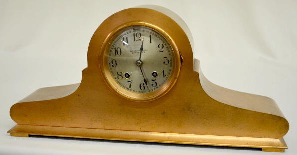 Chelsea Boston Tambour Shelf Clock, Copper Clad: Chelsea Boston Tambour Shelf Clock, Copper Clad: With a marked T & S dial. (There is minor patina roughness.) 8" Tall x 7" Wide Not tested. Sells as is, where is.
