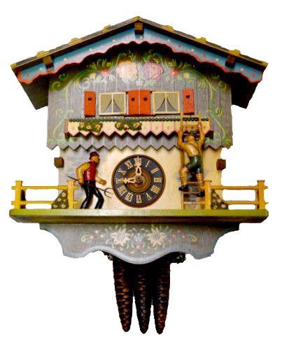 West Germany Animated Cuckoo Clock: West Germany Animated Cuckoo Clock: An animated musical cuckoo from West Germany with a painted Dutch motif and 3 weights . 12" x 12" Not tested. Sells as is, where is.