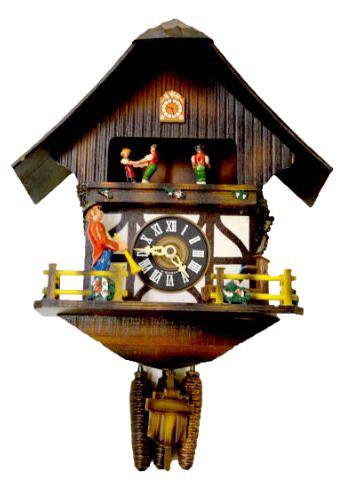 West German Musical Cuckoo Clock w/Dancers: West German Musical Cuckoo Clock w/Dancers: With 3 weights, revolving dancers and a trumpet player. 14" x 13" Not tested. Sells as is, where is.