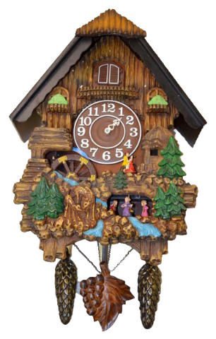 Contemporary Musical Cuckoo Clock w/Dancers: Contemporary Musical Cuckoo Clock w/Dancers: Battery operated with a large bird, revolving dancers and plastic weights. 21" x 15" Not tested. Sells as is, where is.