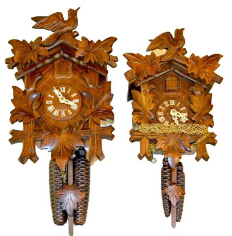 2 German Bird Carved Cuckoo Clocks: 2 German Bird Carved Cuckoo Clocks: Signed "August Scwher" with carved birds. Largest - 16" x 12" Not tested. Sells as is, where is.