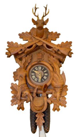 Germany 8 Day Guns & Game Carved Cuckoo Clock: Germany 8 Day Guns & Game Carved Cuckoo Clock: With 2 weights. 17" Not tested. Sells as is, where is.