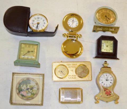 9 Miniature Collectible Clocks: 9 Miniature Collectible Clocks: Includes a Bulova with a courting scene; Westclox and more. Please see the pictures. Not tested. Largest - 2 1/2" All sell as is, where is.