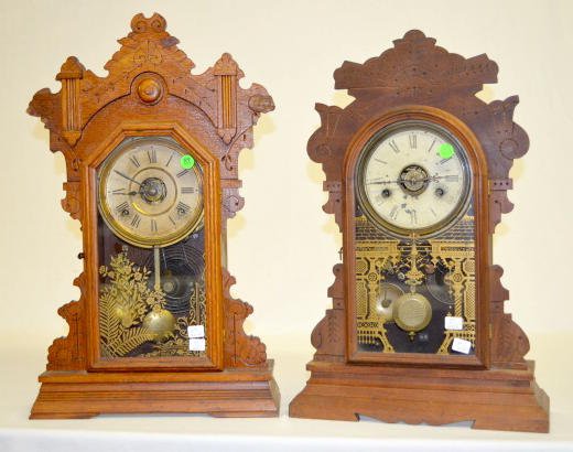 2 Seth Thomas Shelf Clocks, "Cornell" & "Waco": 2 Seth Thomas Shelf Clocks, "Cornell" & "Waco": 1.) "Cornell" from the College Series is in an oak case with an alarm and stenciled glass. 2.) "Waco" Clock w/Alarm from the City Series is in a walnut