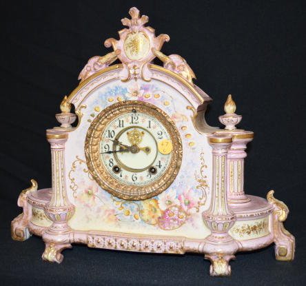 Ansonia Royal Bonn La Champagne China Clock: Ansonia Royal Bonn La Champagne China Clock: Open escapement. Sells as is, where is.