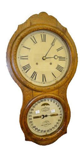 Oak Ithaca No. 4 Calendar Clock: Oak Ithaca No. 4 Calendar Clock: T&S. (Minor dial stains.) Sells as is, where is.
