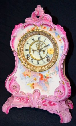 Ansonia Royal Bonn La Calle China Clock: Ansonia Royal Bonn La Calle China Clock: Open escapement. (Professionally restored crest.) Sells as is, where is.