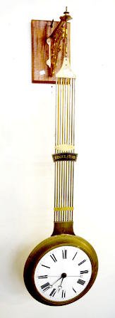 Double Sided Pinwheel Regulator Clock: Double Sided Pinwheel Regulator Clock: With a porcelain dial; one side of the dial has seconds hand; there is a wall brace to hang the clock on. 42" Long Not tested. Sells as is, where is. **Please no