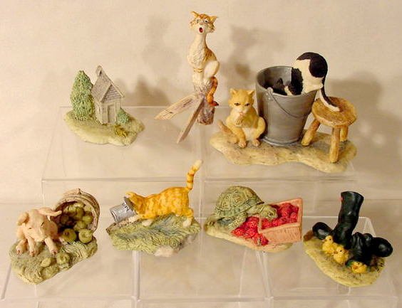 7 Lowell Davis Figures: 7 pcs. Lowell Davis Fox Fire Farm figurines: "Privy"; "Country Crooner"; "Barn Cats"; "Bit Off More Than He Could Chew"; "Under the Weather", " Mama?"; & "Strawberries" [with Tortoise]