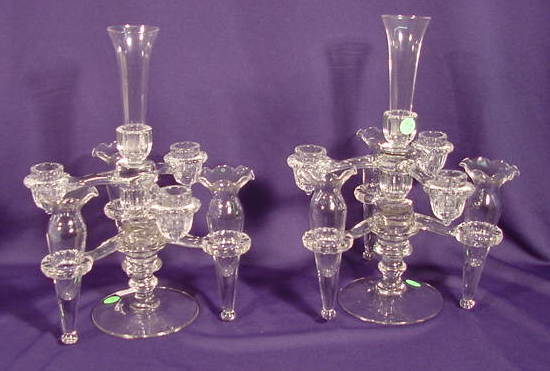 2 Complete 6-Branch Multi-Part Epergnes NR: 2 Nearly complete 6 branch multi-part epergnes; Cambridge-type look: 2 Candle holder base units 4 - 3 branch holders 8 Glass inserts (No damage) 9 1/4" T. No Reserve! zzz
