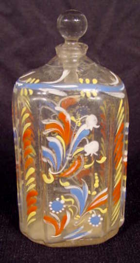 Steigel Type Paneled Floral Bottle NR: Steigel type bottle, good age, molded paneled shape; good floral enameling (Stopper married?, no glass damage; minor enamel rub & losses; dirt & deposits in bottom) 4 1/4" bottle only No reserve!