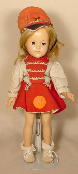 All Compo Effanbee Anne Shirley Majorette Doll NR: All compo Anne Shirley by Effanbee, marked body, wearing a majorette costume (Head & hands crazed, crack above eyelid & to the right of eye; dress is nice, worn hat) 15" T. No reserve!