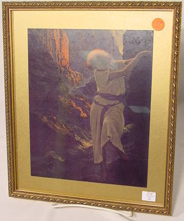 Maxfield Parrish Print NR: Maxfield Parrish print. Age uncertain, glued to modern matted board & new frame Image size - 10" T. x 8" W.
