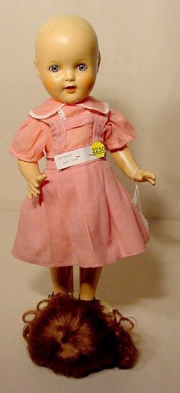 Effanbee "Mary Jane" All Compo Doll NR: All compo doll, unmarked; Effanbee "Mary Jane"; sleep eyes; open mouth with four teeth and tongue (Minor paint loss to arms; hair not original) 16 1/2" T