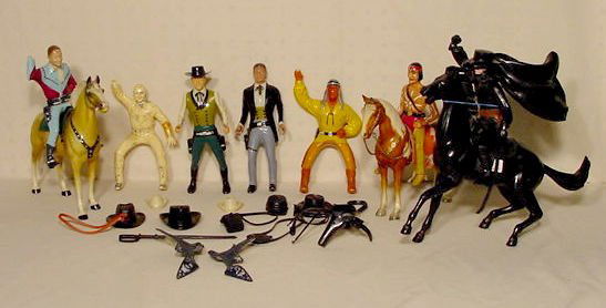 Group of Hartland Western Action Figures NR: Group of Hartland & Other Plastic Western Action Figures: marked Hartland Western Sheriff; marked Hartland Brett Maverick Figure; Hartland Cochise (fingers chipped on right hand); 2 unmarked Roy Roger