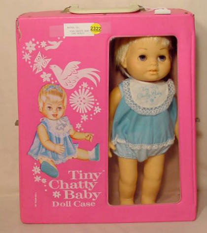 Hard Plastic Tiny Chatty Cathy Doll NR: Hard plastic doll marked Tiny Chatty Cathy on back; sleep eyes; open mouth with 2 teeth; working voice box; original case (No accessories) 15" T