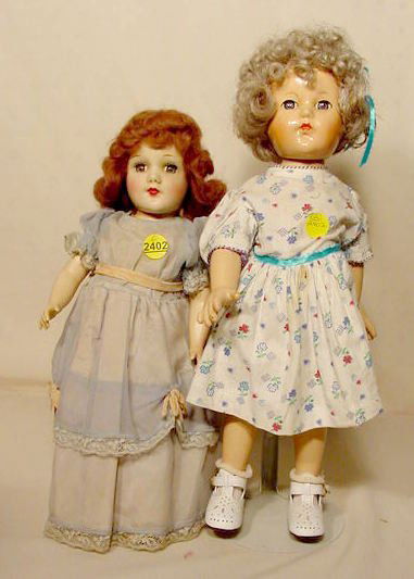 2 Dolls: 1 Effanbee Anne Shirley NR: Two dolls: All compo marked Effanbee Anne Shirley; sleep eyes, closed mouth; (Damage to eyes; hands and legs crazed and peeling) 13" T Hard plastic doll, unmarked; sleep eyes; closed mouth; (paint los