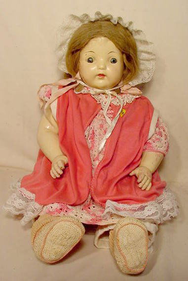 Effanbee Compo & Cloth Baby Doll NR: Compo & cloth baby marked Effanbee on back and both arms; sleep eyes, closed mouth; molded hair under wig (Flaking paint) 23" T.