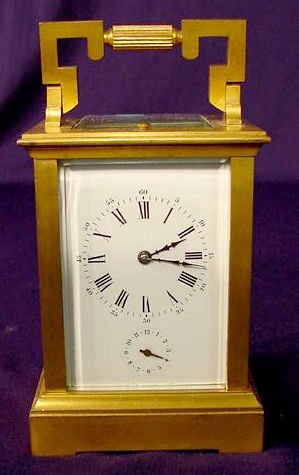 French Carriage Grand Sonnerie Repeater Clock NR: French carriage Grand Sonnerie repeater carriage clock with alarm. Quarter or quarter and hour strike; brass case (Good condition; original patina to metals; no glass or dial damage; running at time o