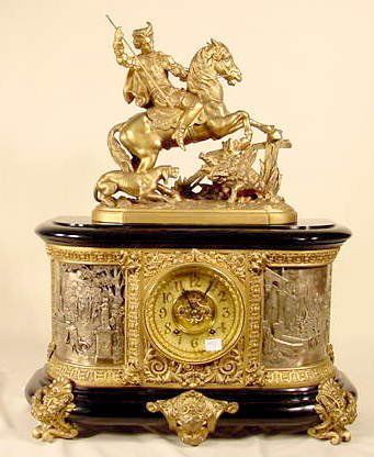 Ansonia Virginia Clock with #1121 Figures NR: Ansonia Virginia shelf or table clock with correct #1121 figures on top (Nice looking surfaces and appearance with normal wear, rub and minor losses; possible old repaint to black portions; back door