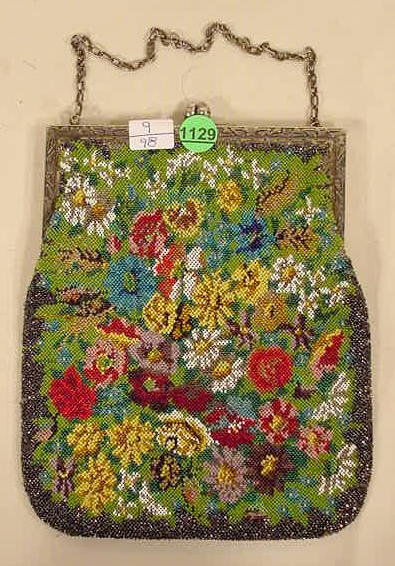 Vintage Floral Multicolored Beaded Purse NR: Vintage floral multicolored beaded purse with silver plate frame (Some minor losses to exterior, interior with mirror; lining cloth rough; possibly resewn to frame) 8" T x 6 3/4" W plus chain handle