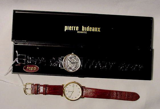 2 Near New Condition Men's Wrist Watches NR: 2 Near New Condition Men's wrist watches: Pierre Bideaux Quartz in box, as 1964 Kennedy half dollar, not running, probably just needs a new battery; Pulsar Quartz Japan 34mm diameter, working at time