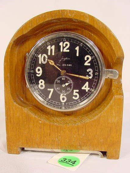 Junghans Car Clock For Eigentumder Luftwaffe NR: Junghans Car Clock made for Eigentumder Luftwaffe; model # F125591; round with a 2 1/2" diameter black colored dial with seconds bit; rim wind on back in a dash or wall mount nickel case, mounted in a