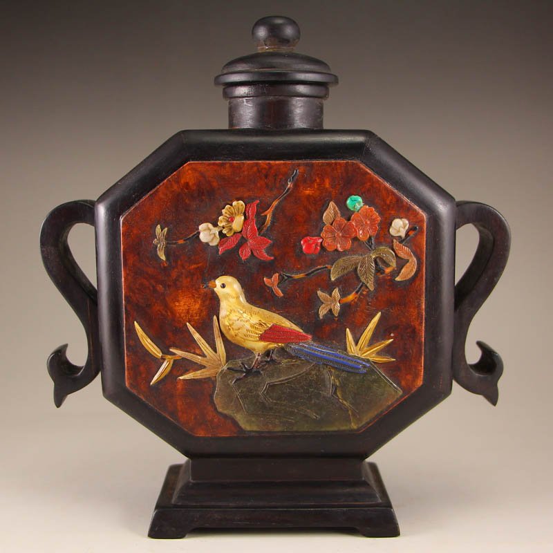 Chinese Zitan Wood Inlay Shell & Gem Ruyi Vase (1 of 6)