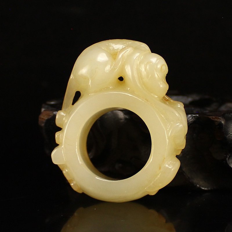 Vintage Chinese Natural Hetian Jade Ring w Monkey (1 of 5)