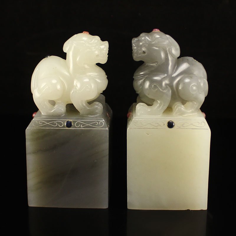 China Hetian Jade Inlay Silver Wire & Tourmaline Seals (1 of 10)