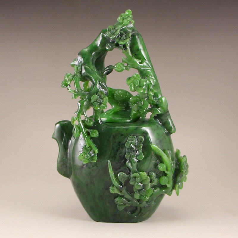 Chinese Green Hetian Jade Teapot w Magpie & Plum Flower (1 of 8)