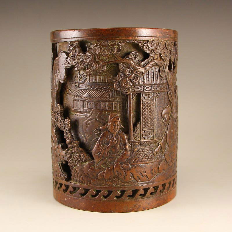 Chinese Ming Dy Red Copper Brush Pot w Sages Meeting (1 of 9)